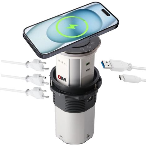 Prese a scomparsa da scrivania motorizzata 3 prese 1 USB-A 1 USB-C e ricarica Wireless 18W con lampada a LED integrata Pop-Up (1/5)
