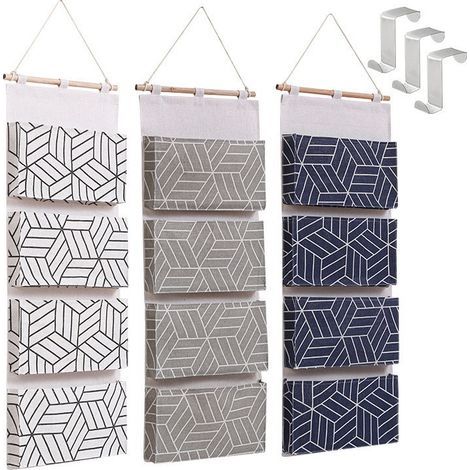 Juego de 3 bolsas de almacenamiento colgantes, organizador para colgar sobre la puerta, bolsa de almacenamiento de tela de lino con 4 compartimentos y ganchos, 80 x 30 x 3 cm. (1/4)