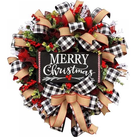 Guirlande De Noël - 25 cm 30 cm 38 cm 43 cm - Avec Nœuds En Tartan Et Baies Rouges - Pour Porte Fenêtre Cheminée Mur - Lot De 1 (1/4)