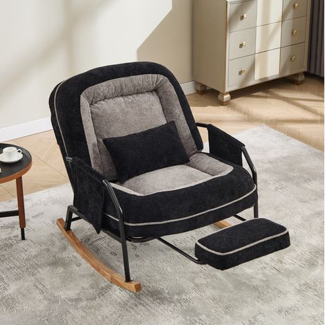 Fauteuil à bascule inclinable en fausse fourrure noire et grise, avec repose-pieds escamotable, dossier réglable de 100 à 160°, coussin moelleux et poches latérales – CHICFURN (1/5)