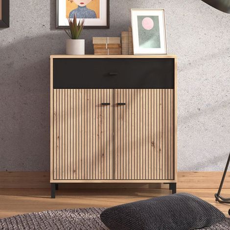Credenza Settimes, Aparador un Cajón, un Estante, Apertura Abatible y Deslizante, 80x40x90h cm Marrón Roble Nodo (1/5)