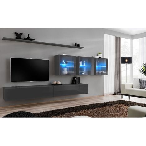 Ensemble mural - Switch XVII - 3 vitrines LED - 2 banc TV - 2 étagères - Graphite - Livraison gratuite