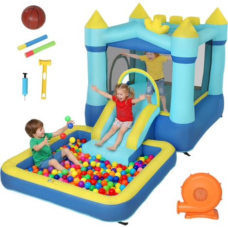AIYAPLAY castillo hinchable para niños con soplador, castillo hinchable con tobogán, cama elástica, piscina y aro de baloncesto, 364x173x182 cm, azul (1/5)
