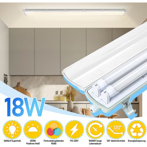 TolleTour LED Feuchtraumleuchte Badlampe Keller Wannenleuchte Tube Lamp 120cm 2 x 18W T8 Röhre Neutralweiß 4500K IP65