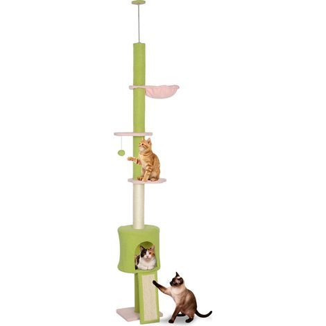 Árbol para gatos de suelo a techo, 5 niveles, altura ajustable 220-240 cm, plataformas con forma de flor, rascador, caseta y hamaca, verde (1/5)