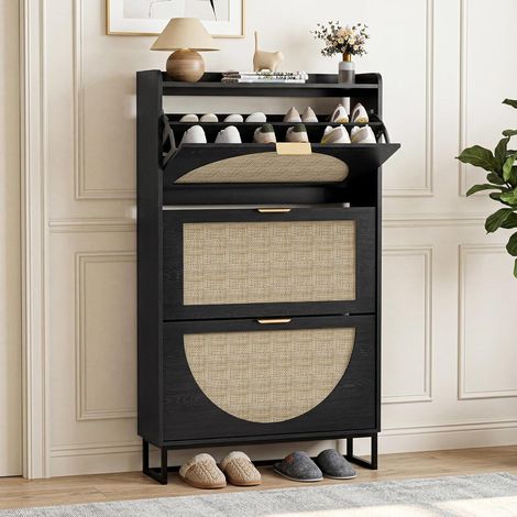 Meuble Chaussure Bois 3 Portes, Rangement Chaussure Rotin Réglable, Meuble à Chaussures étroit pour Entrée, Salon, Couloir, 80 x 24 x 135,4 cm, Noir (1/5)