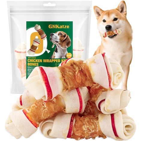 Friandises pour Chiens Os en Cuir Brut enrobés de Poulet, os noués enrobés de Poulet Longue durée à mâcher pour Chiens 4.5 '', friandises d'entraînement faciles à digérer（200g） (1/5)