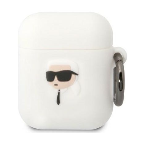 Funda Karl Lagerfeld KLA2RUNIKH para AirPods 1/2, color blanco/blanco, de silicona, con diseño de cabeza de Karl en 3D. (1/3)