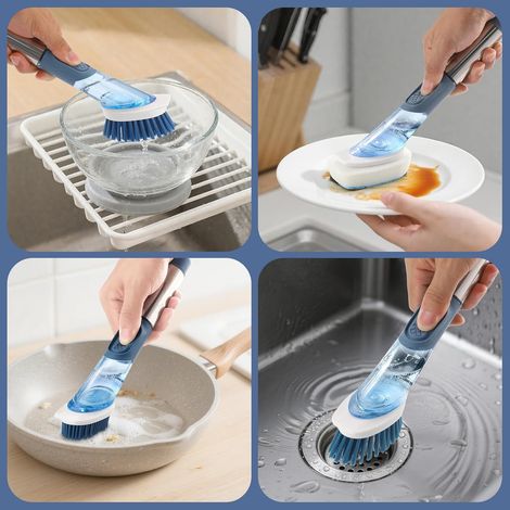 Spazzola per piatti con serbatoio, spazzola per la pulizia regolabile con erogatore di liquido, set di 4 testine per pentole, padelle, lavelli, spazzola da cucina da 28,5 cm con supporto, blu (1/4)