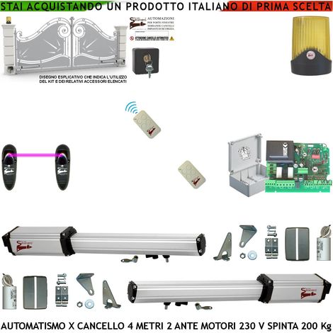 Apricancello Elettrico 4 Metri 2 Ante da 2 MT Kit Motori Elettromeccanici 230 V Sblocco Corsa 300 mm Spinta 2 Q.li Staffe 2 Radiocomandi Fotocellule Selettore Chiavi Faro Movimenti Cartello Monitore (1/5)