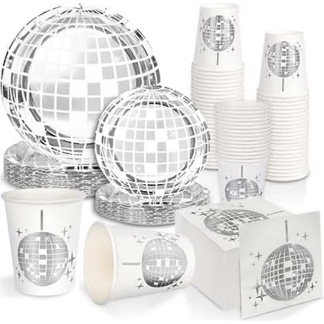 Disco-Party-Geschirrset, 150-teilig: Teller, Servietten und Gabeln, Discokugel-Muster, ideal für eine Rockgeburtstags- oder Tanzparty. (1/5)