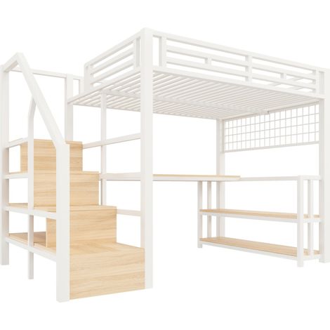 Lit mezzanine 140 x 200 cm en métal blanc avec bureau, rangements, LED et ports USB (1/5)