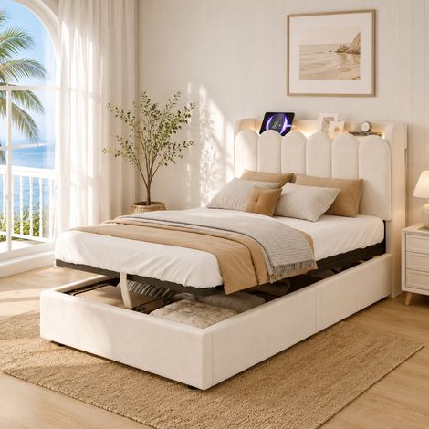 Lit enfant 90x200 cm en velours beige, gain de place, avec rangement pour chambre FloraGrace (1/5)