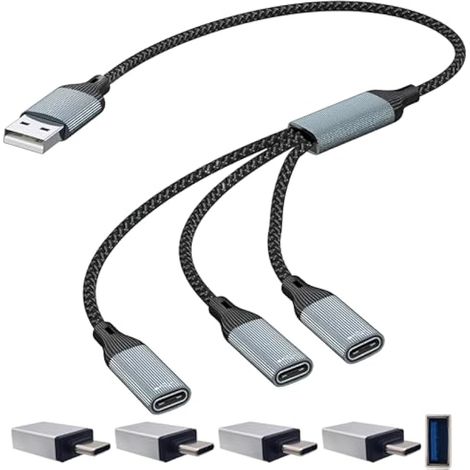 Câble diviseur USB 3 en 1, Diviseur d'alimentation USB tressé en Nylon, mâle 1 vers 3 Type C Femelle avec 4 Adaptateurs pour Recharge Multi-Ports, Transmission données (1/4)