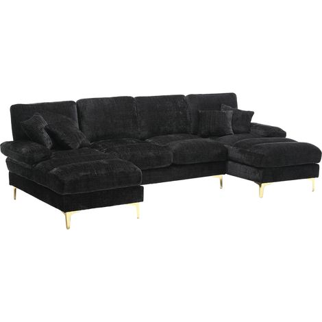 CHICFURN Divano modulare a U 272x136x88 cm in ciniglia nera, doppia chaise longue per soggiorno (1/5)