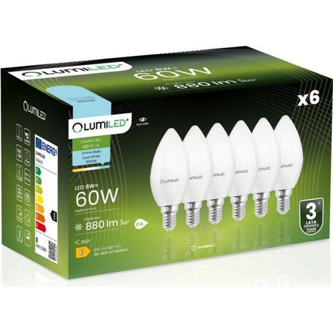Ampoule LED E14 - 8 W - 880 lm - 6500 K - Culot B35 Bougie - Lot de 6 (1/5)