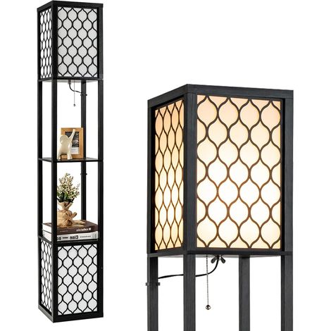 GOPLUS Lampadaire Salon, Lampadaire sur Pied avec Planche de Rangement et 2 Douilles E27, Convient pour Salon, Chambre à Coucher, Balcon, 26 x 26 x 156,5 cm, Noir (1/5)