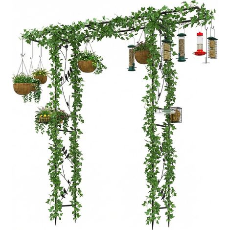 COSTWAY Arche de Jardin et Station de Suspension pour Mangeoires à Oiseaux 2 en 1, Treillis Arc Robuste avec Bol deau Plateau en Filet, Arche Décorative Extérieure pour Plantes Grimpantes (Noir) (1/5)