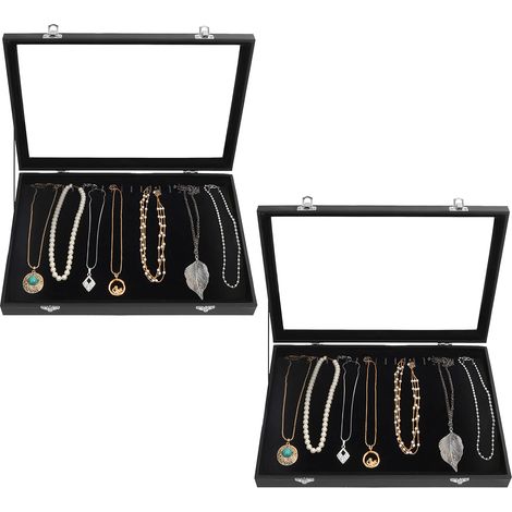 Boîte de rangement/présentoir à bijoux en velours noir avec 20 crochets et couvercle doré verrouillable (lot de 2) – Plateaux empilables – Colliers, bracelets, boucles d'oreilles et bracelets de chevi (1/5)