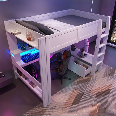 Bett Hochbett 140x200 cm modern aus Kiefer und MDF in Weiß, mit Schreibtisch, Schublade, Regalen und LED (1/5)
