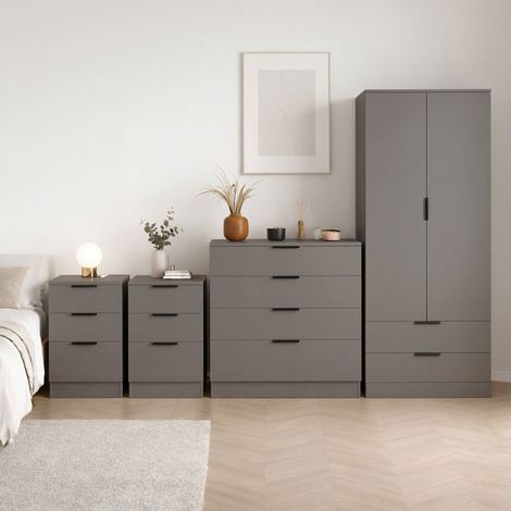 Trega 4pc Bedroom Furniture Set – 2x 3 Drawer Bedside, 4 Drawer Chest & 2 Door Wardrobe, Grey