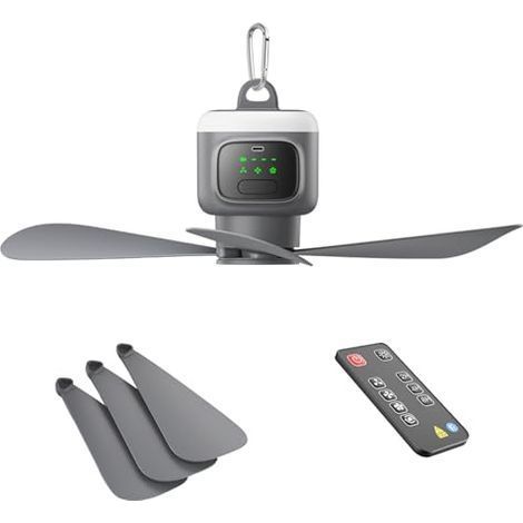 Tragbarer Deckenventilator (5,5 m) mit Licht für Terrasse, Markise, Zelt, Veranda, Wohnmobil, 4 Geschwindigkeitsstufen, 8-Stunden-Timer und bis zu 16 Stunden Laufzeit, 12000-mAh-Akku mit Fernbedienung (1/5)
