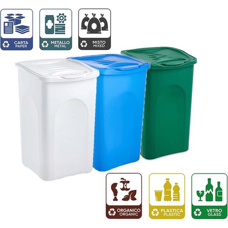 Set 3 Bidoni pattumiere per la Raccolta Differenziata 50 litri Bianco Blu Verde per Plastica Carta Vetro Indifferenziato metallo organico casa ufficio locale commerciale giardino terrazzo (1/5)