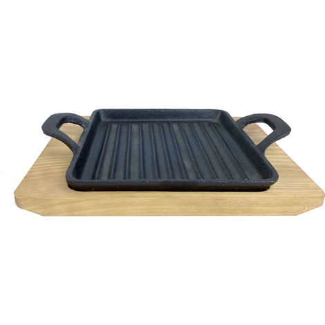 Gusseisenkuss® Gusseisenpfanne mit Griffen und Holzuntersetzer 19,5 x 14 cm Gusspfanne