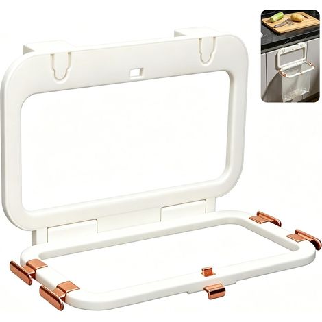 Porte-Sac Poubelle Suspendu Cuisine, Support Sac Poubelle Pliable avec Couvercle pour Porte de Placard, Installation Sans Perçage, Gain de Place pour Déchets et Rangement, Blanc Crème (1/5)