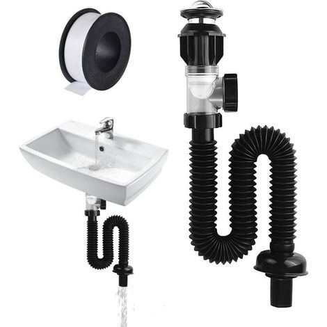 Kit de siphon pour évier, ensemble de vidange avec ruban adhésif étanche de 15 m, siphon compact pour éviers de cuisine et de salle de bain, pour bondes de 30 à 32 mm de diamètre. (1/5)