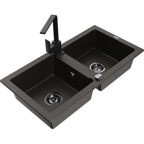 Mexen Mario lavello da cucina in granito a 2 vasche con rubinetto cucina Rita, nero/oro metallico - 6504-75-670300-70-B (1/5)