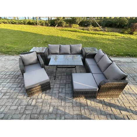 Fimous Wicker 8 Stücke Polyrattan Gartenmöbel set mit Rechteckiger Esstisch Sessel 2 hohen Hockern 2 Beistelltisch Dunkelgrau Gemischt (1/5)