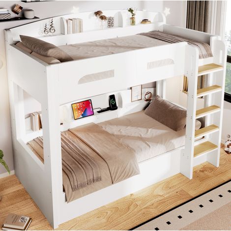 Etagenbett 123.5x204x196.5 cm Weiß aus Massivholz und MDF mit USB-Anschluss und Ablagen (1/5)
