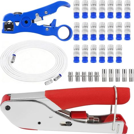Pince à sertir - Kit de pince à dénuder - Outil complet pour câble coaxial RG6/RG59 - Avec 20 connecteurs F, câble TV RG6, adaptateur et accessoires de connexion TV (1/5)