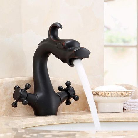 Antique black brass bathroom sink faucet, double handle, hot and cold water mixer (1/4)