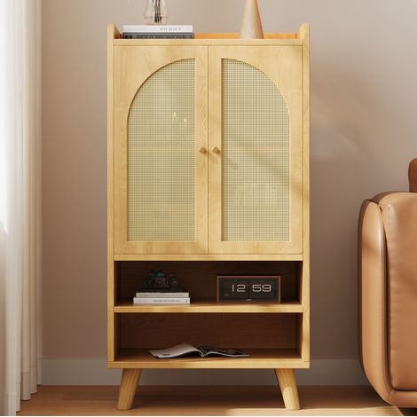 Highboard aus Spanplatte in Natur mit 2 Rattantüren und 2 offenen Fächern, 60 x 40 x 121 cm (1/5)
