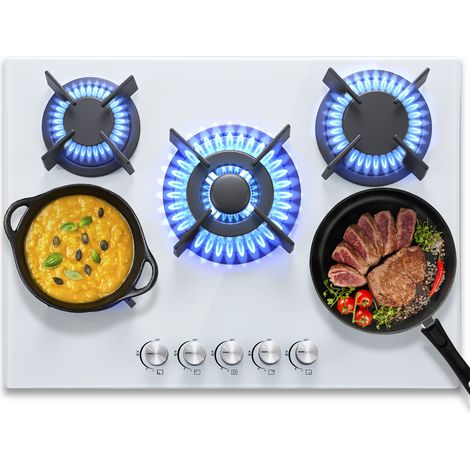Plaque de Cuisson gaz 5 Feux,70cm avec Sécurité Thermocouple,Convient Pour le Gaz Naturel/Propane,Verre Blanc,10400 W (1/5)