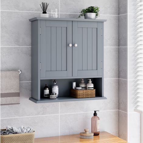 Badezimmerschrank 54.6x19.8x60 cm hellgrau aus MDF mit 2 Türen, offenen Fächern und verstellbaren Einlegeböden (1/5)