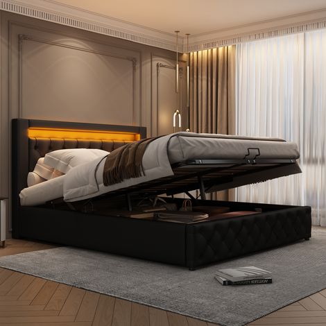 Upholstered bed 135 x 190 cm functional bed with slatted frame and storage space, LED lighting in different colors, black, PU
