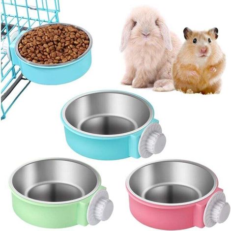 Lot de 3 gamelles pour lapin : grande gamelle avec 3 gamelles Sepak Takraw, en acier inoxydable,lapin, chinchilla, bleu, rose, vert