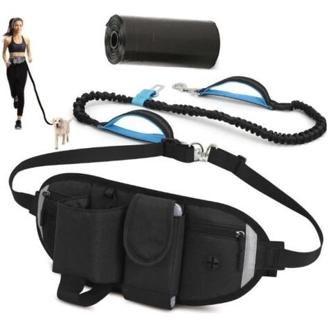 (Noir)Laisse Chien Mains Libres,Jusqu'à 110kg,Absorption de Choc,Sangle Réfléchissante,Pochette Multifonction,Offert 1Rouleaux (1/4)