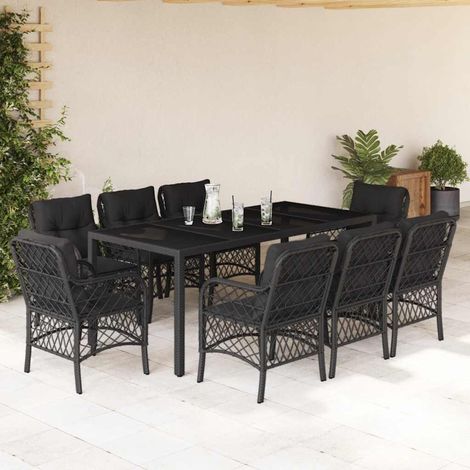 Set da pranzo da giardino con tavolo sedie e cuscini in polyrattan nero, set da 9 pz - PANGIVO (1/5)
