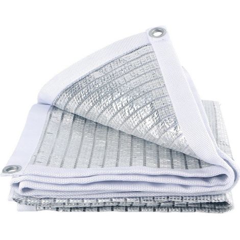 Voile d'ombrage rectangulaire argentée 3x5m, filet pare-soleil réfléchissant pour pergola, terrasse et toit de voiture, tissu résistant avec liserés blancs, protection UV compacte. (1/5)