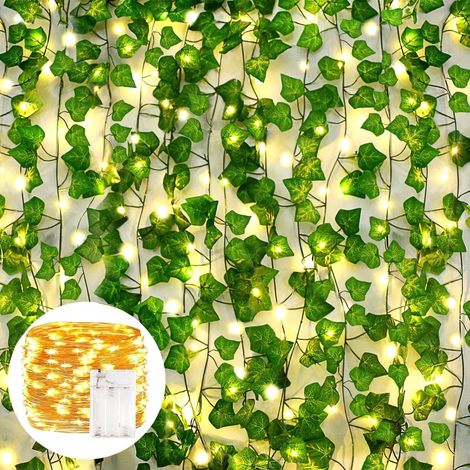 12er Pack künstliche Efeu Girlande (200cm) mit 100 LED-Lichtern, realistische Hängepflanzen zur Deko für Garten, Hochzeit, Wand