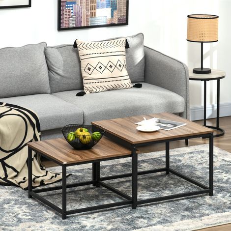 Conjunto de mesas nido compuesto por 2 mesas auxiliares, diseño industrial, estructura de acero negro, tablero con aspecto de madera. (1/5)
