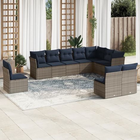 10 Piece Garden Sofa Set with Cushions Grey Poly Rattan vidaXL (1/3)