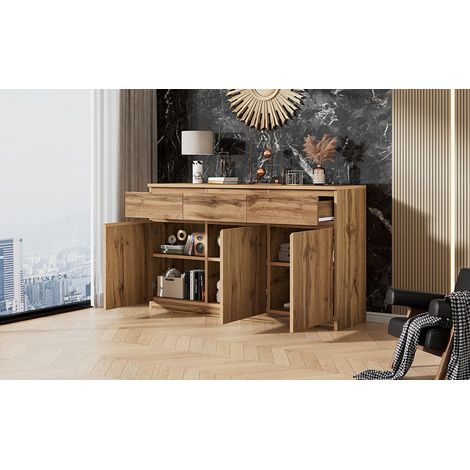 Armoire multifonctionnelle, armoire décorative en bois d’origine, avec 3 portes et 3 tiroirs. C’est une armoire spacieuse pour la cuisine. Ses dimensions sont de 135×40×81 cm. (1/5)