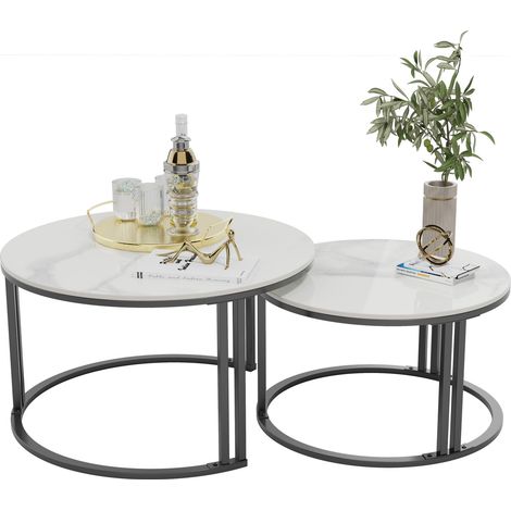 Unho – Table basse gigogne ronde 70x70/57x57 cm – Plateau en pierre frittée – Cadre en métal noir – Lot de 2 tables gigognes (1/5)