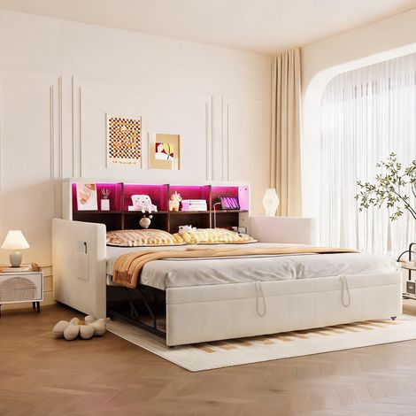 Cadre de lit beige en velours 204 x 104 x 96 cm (1/5)