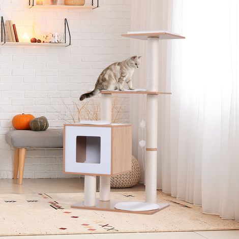 Árbol Rascador para Gatos de Madera 71,5x49,5x120 cm Torre de Gato con Cueva Plataformas Postes Rascadores de Sisal Cojines de Felpa Suave y Bolas Colgantes Natural (1/5)